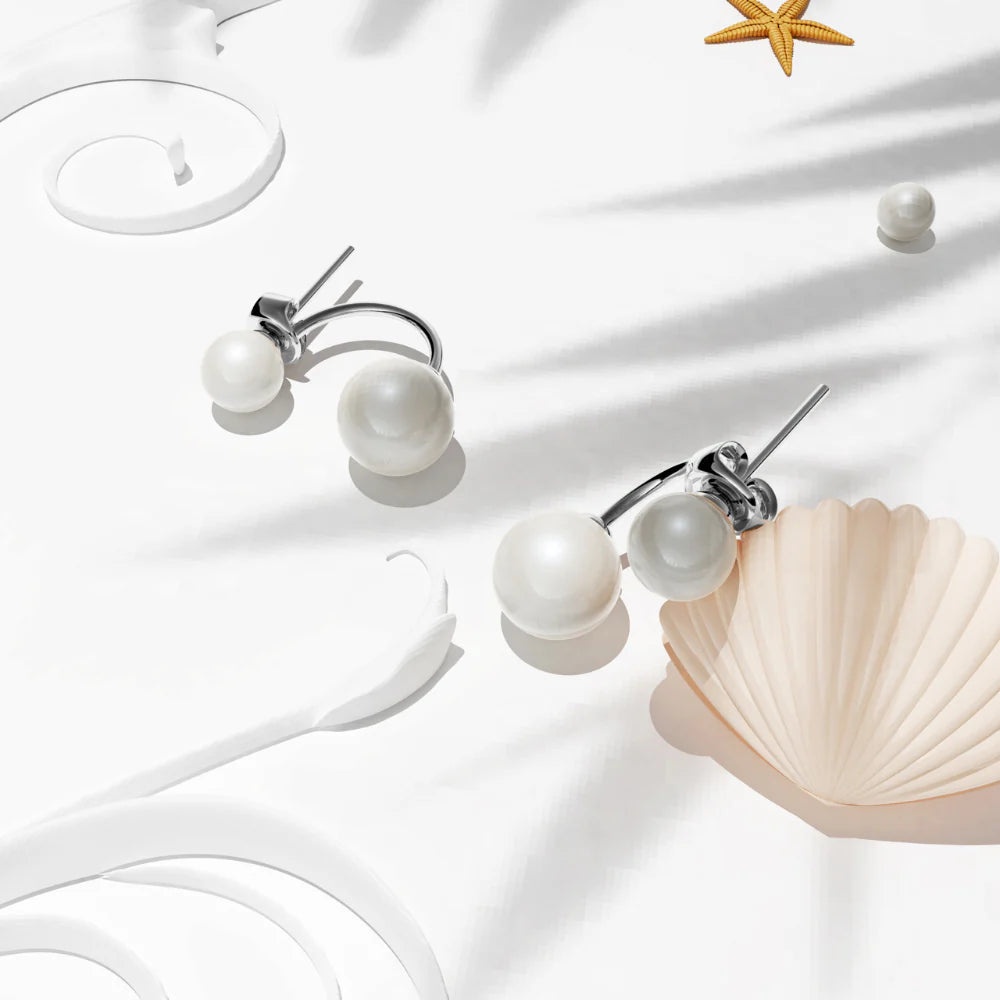 Krystal Couture White Gold Duo Pearl Stud Earrings Embellished with SWAROVSKI Crystals Pearl