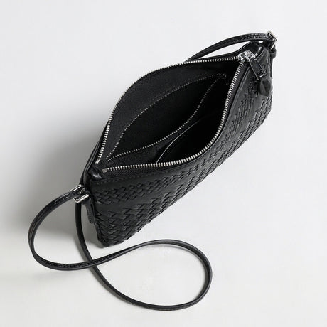 Hand-Woven Sheepskin Leather Shoulder Bag - Black