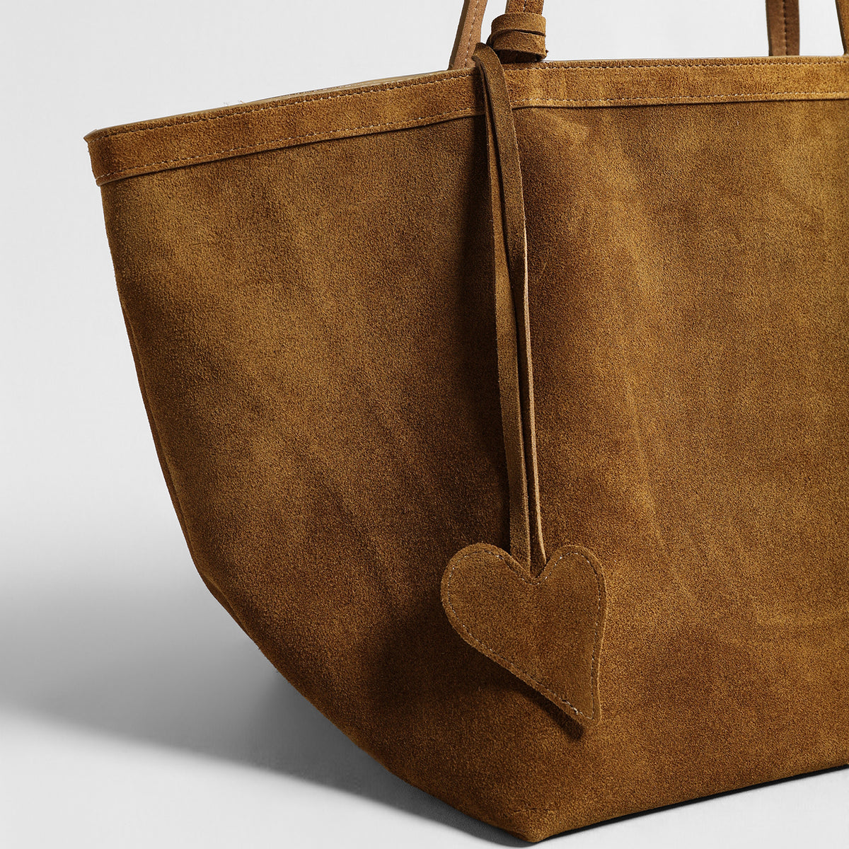 Vintage Suede Fan Tote Bag – Large Shoulder Bag with Heart Charm