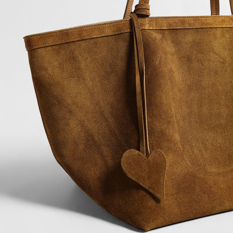 Vintage Suede Fan Tote Bag – Large Shoulder Bag with Heart Charm