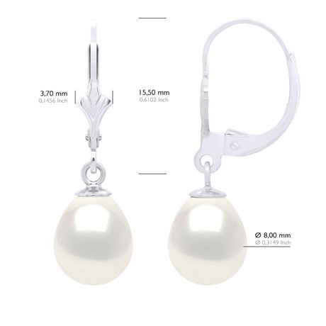 Earrings In White Gold 375 and Real Cultured Freshwater Pearls Pear 8-9 mm - Natural Pearl White - Longueur 42 cm