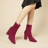 Pointed Toe Block Heel Knit Ankle Boots - Wine