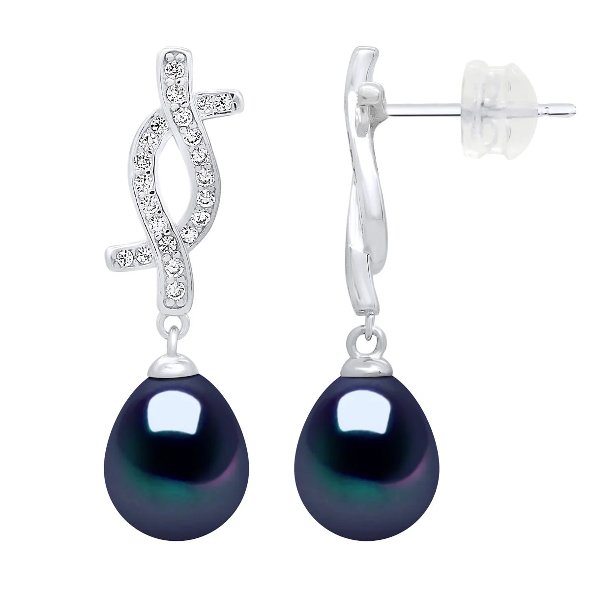Drop Drop Earrings Freshwater Pearl & Cubic Zirconia Black 8-9mm Stud