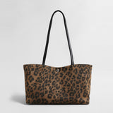 Leopard Print Canvas Tote Bag – Leather Strap Shoulder Bag with Snap Closure