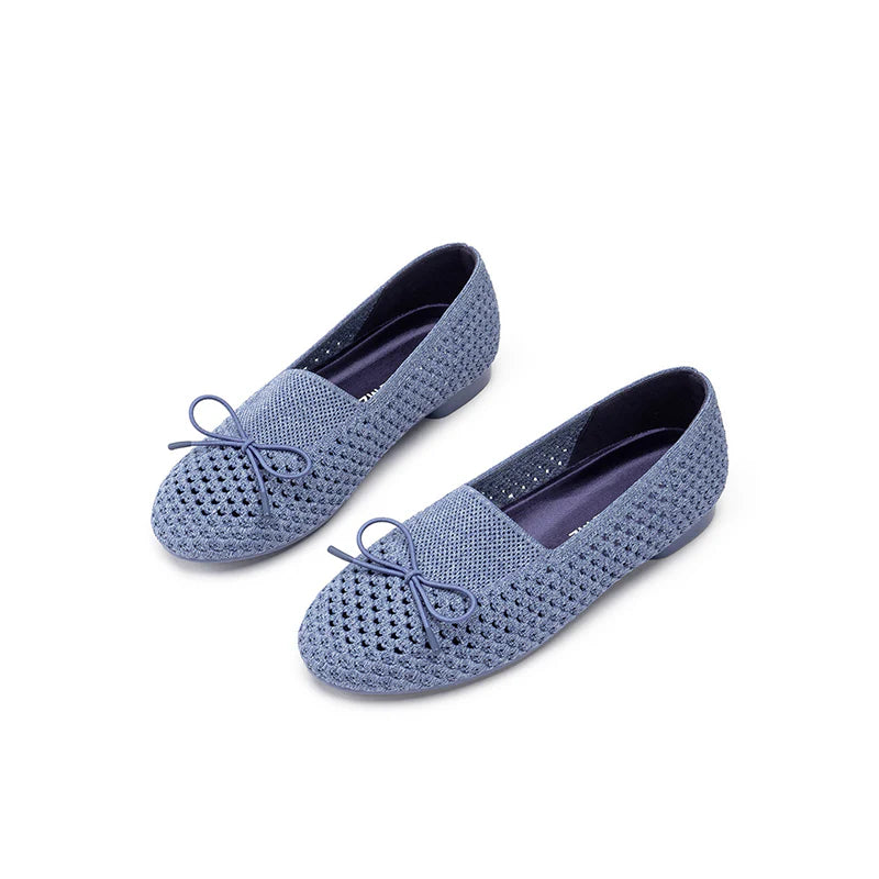 Bow Hollow Mesh Knit Round Toe Low Heel Flats - Denim