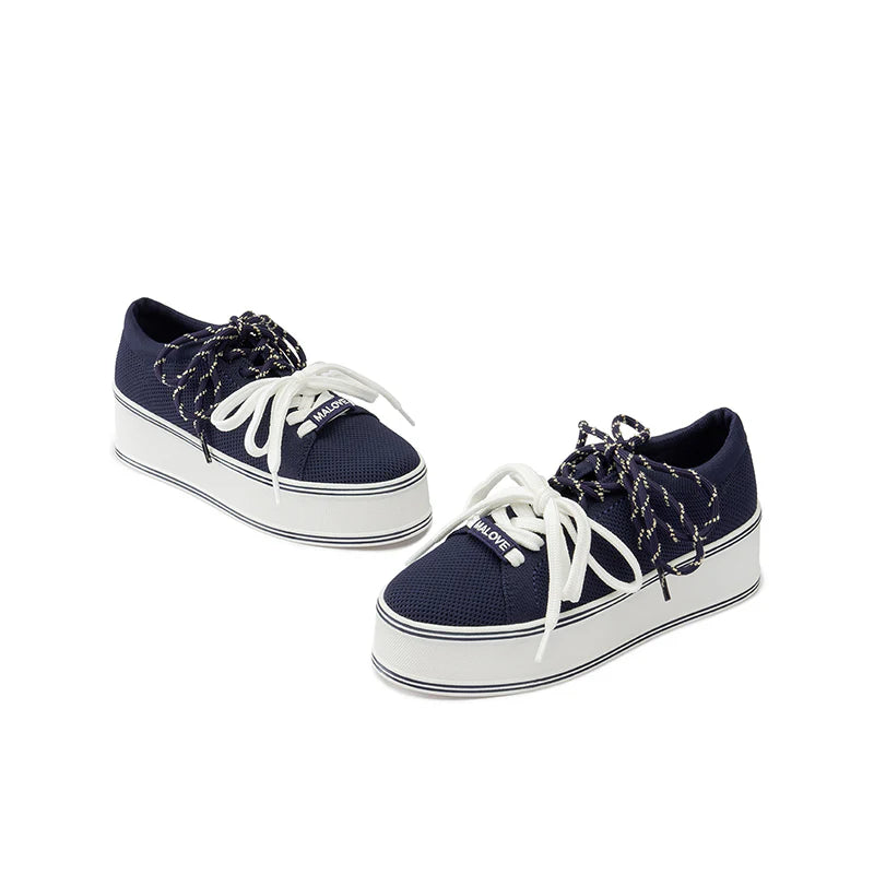 Dual Lace Platform Knit Sneakers - Navy