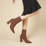 Pointed Toe Block Heel Knit Ankle Boots - Coffee