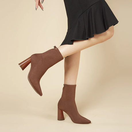 Pointed Toe Block Heel Knit Ankle Boots - Coffee