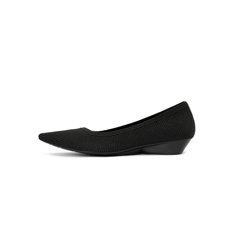 Diagonal Cut Knit Pointed Toe Wedge Flats - Black