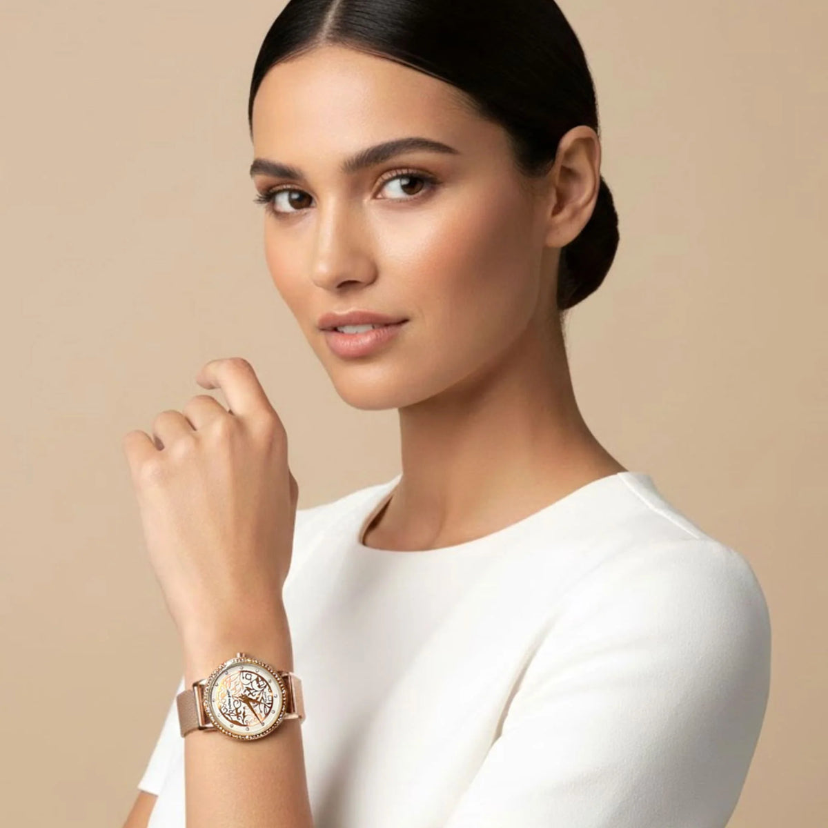 Boxed Bullion Gold Elite watch and Bracelet Set Embellished with Crystals in Rose Gold