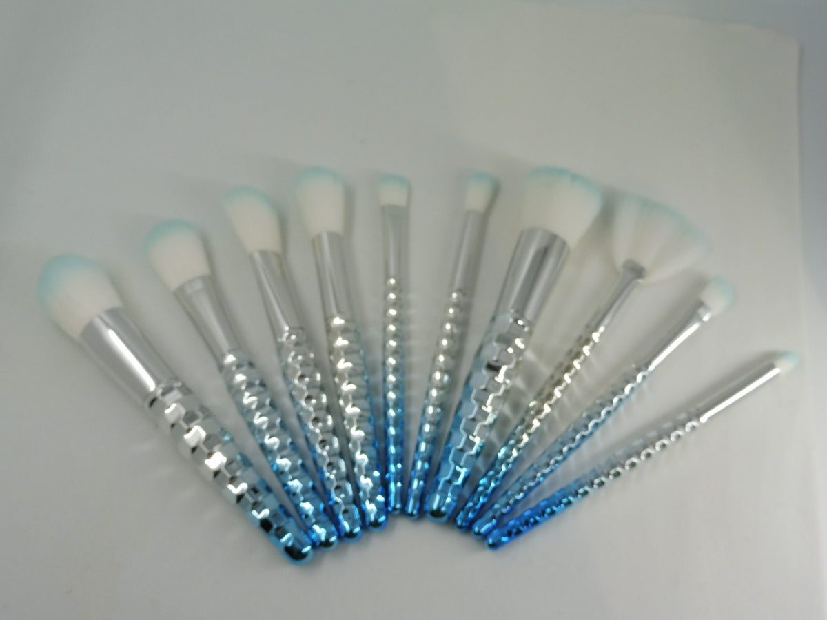 10 Piece Diamond Scale Brush Set Professional Fiber Makeup Brush Multi Task Blue Brushes