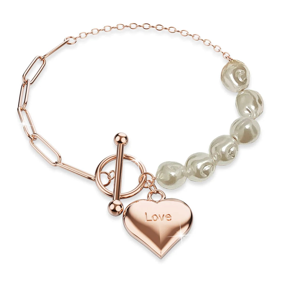 Bullion Gold Pearl Paper Clip Chain Heart Rose Gold Layered Stainless Steel Bracelet