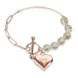 Bullion Gold Pearl Paper Clip Chain Heart Rose Gold Layered Stainless Steel Bracelet