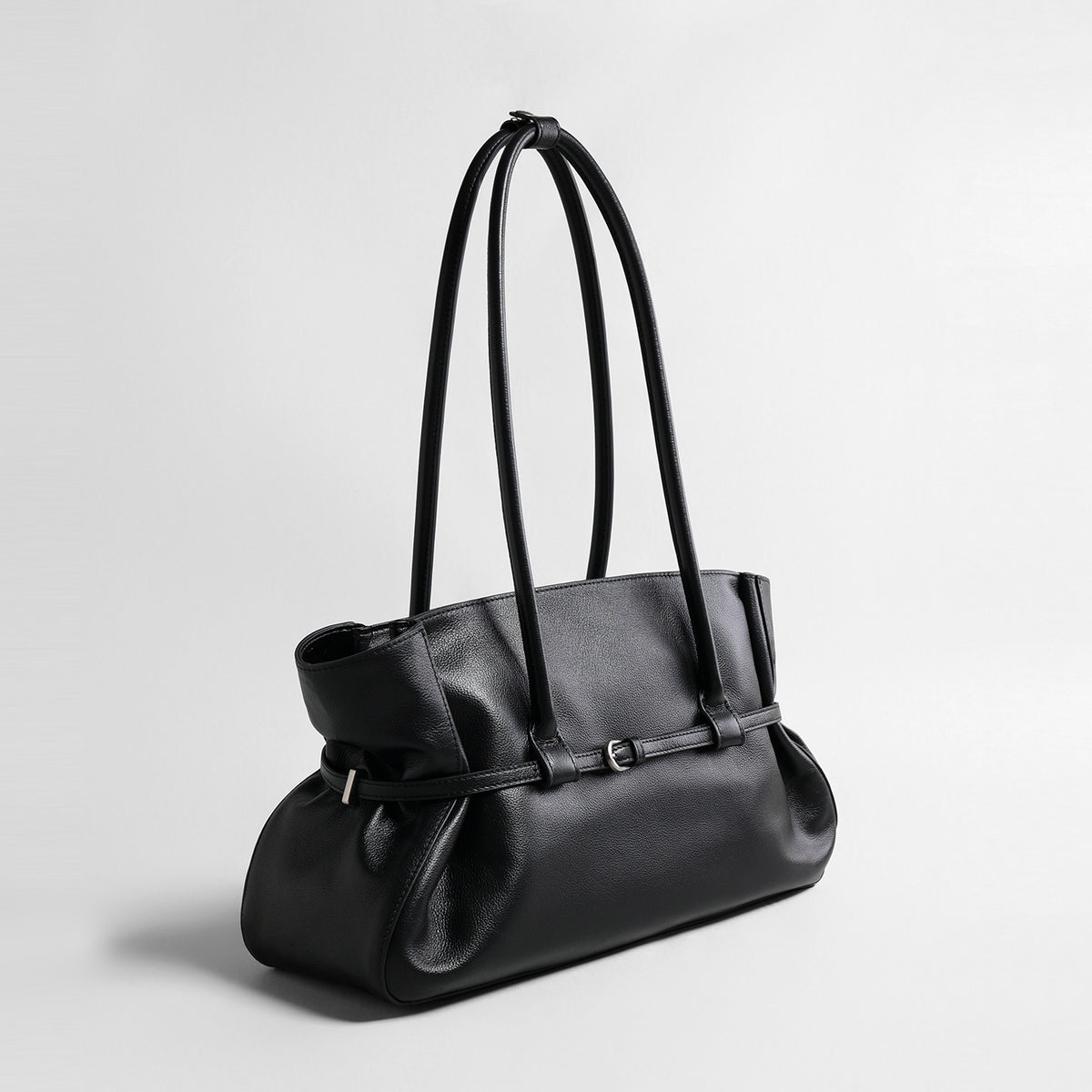 Slouchy Belted Leather Tote Bag – Pebbled Cowhide Shoulder Bag