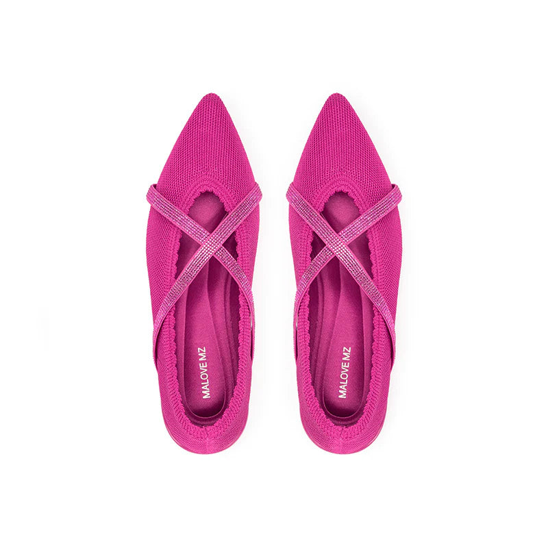 Rhinestone Cross Strap Pointed Toe Knit Flats - Rose