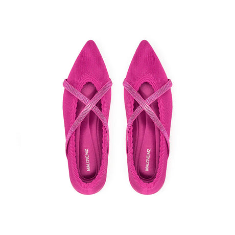 Rhinestone Cross Strap Pointed Toe Knit Flats - Rose