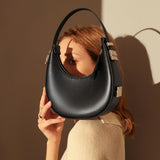 Structured Black Leather Crescent Moon Shoulder Bag - Black