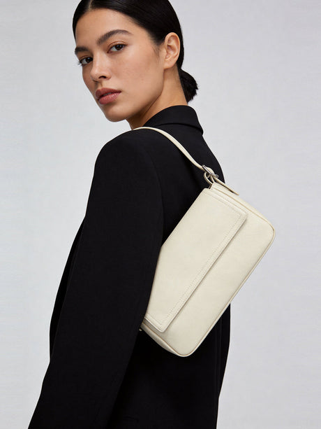 Premium Calfskin Leather Baguette Shoulder Bag - Ivory