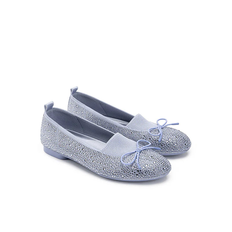 Rhinestone Bow Knit Round Toe Ballet Flats - Blue