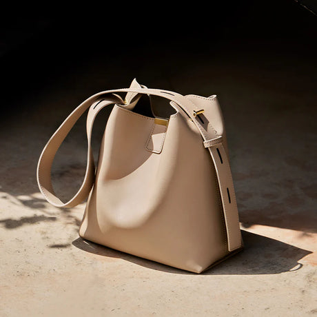 Nalandu Minimalist Genuine Leather Bucket Shoulder Bag - Taupe