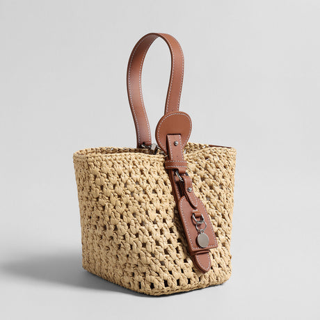 Handwoven Raffia Bucket Bag - Brown