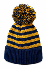 Cherry Red Stripe Kids Beanie W/ Pom Pom - Blue/Yellow