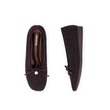 Pearl Bow Heart Mesh Knit Round Toe Wedge Flats - Chocolate