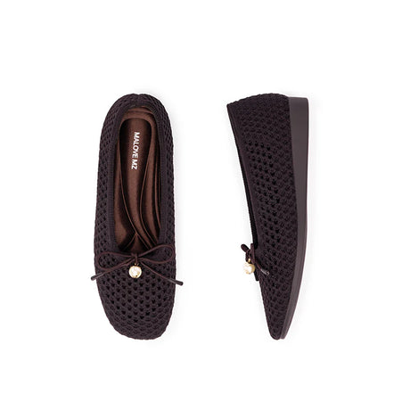 Pearl Bow Heart Mesh Knit Round Toe Wedge Flats - Chocolate