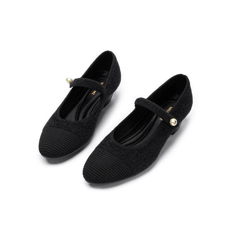 Vintage Tweed Low Heel Mary Jane Shoes - Black