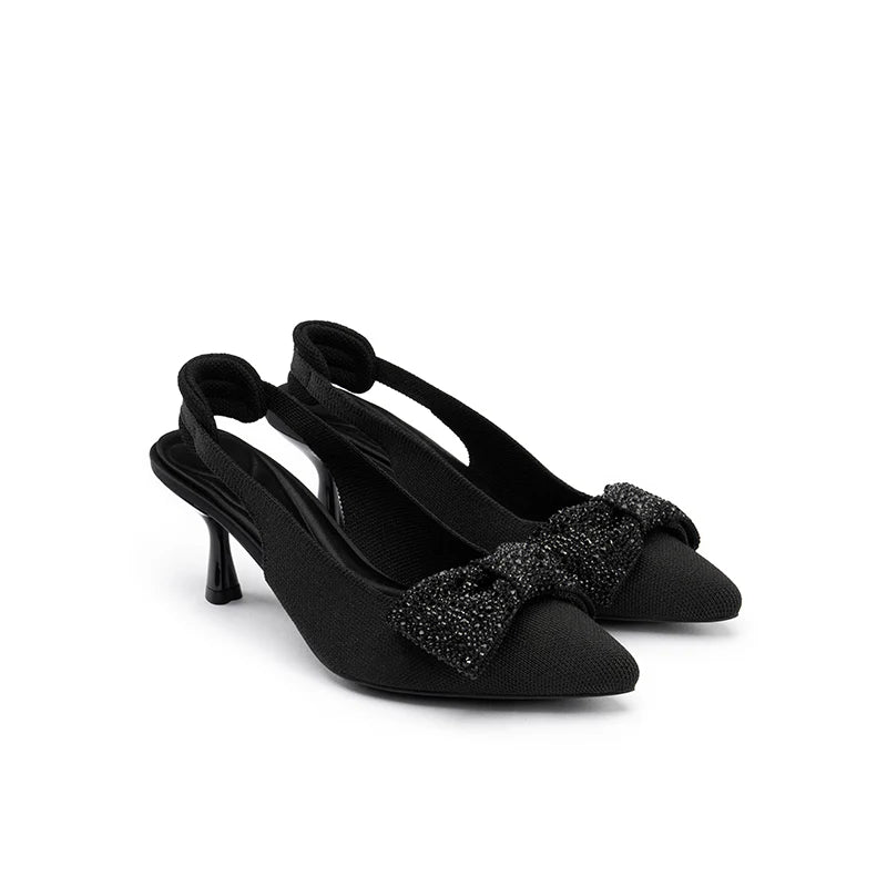 Rhinestone Bow Slingback Kitten Heels - Black