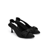 Rhinestone Bow Slingback Kitten Heels - Black