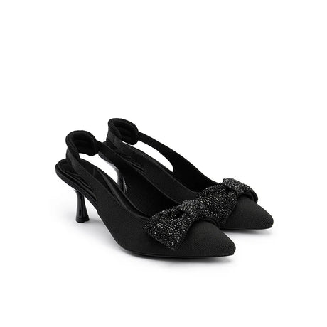 Rhinestone Bow Slingback Kitten Heels - Black