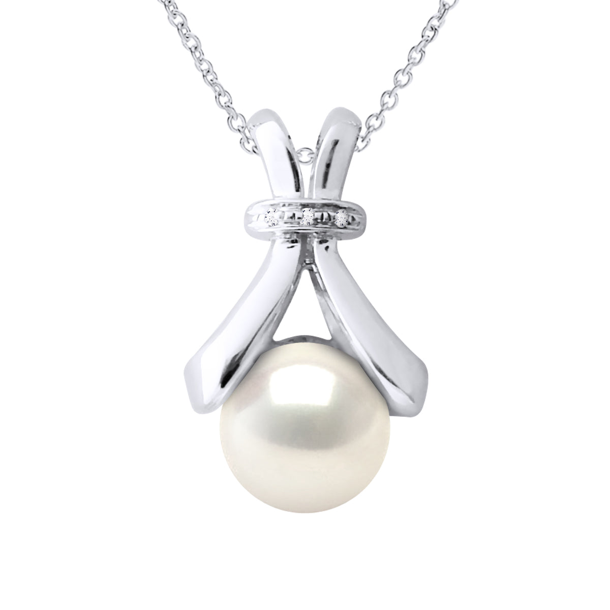 Necklace Jewelry Diamond 0.01Cts (3 X 0.0033 Cts) White Gold and Real Cultured Freshwater Pearl Button 6-7 mm - Longueur 42 cm