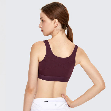 Full Length Zip Front Wireless Racerback Sports Bra - Wine
