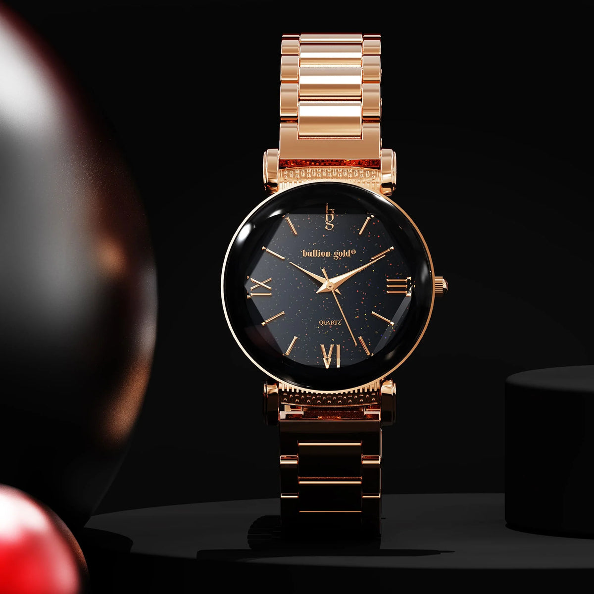 Boxed Black Face Watch & Earrings Set In Rose Gold