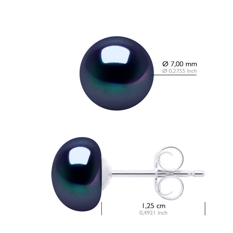 Earrings Real Cultured Freshwater Pearls Button 7-8 mm - Black "Tahitian Style" - Longueur 18 cm