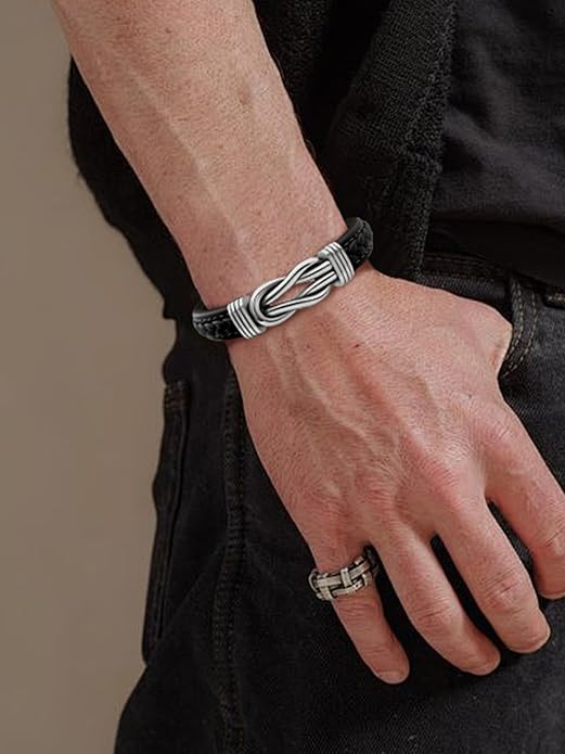 Stephen Oliver Silver Black Leather Knot Bracelet