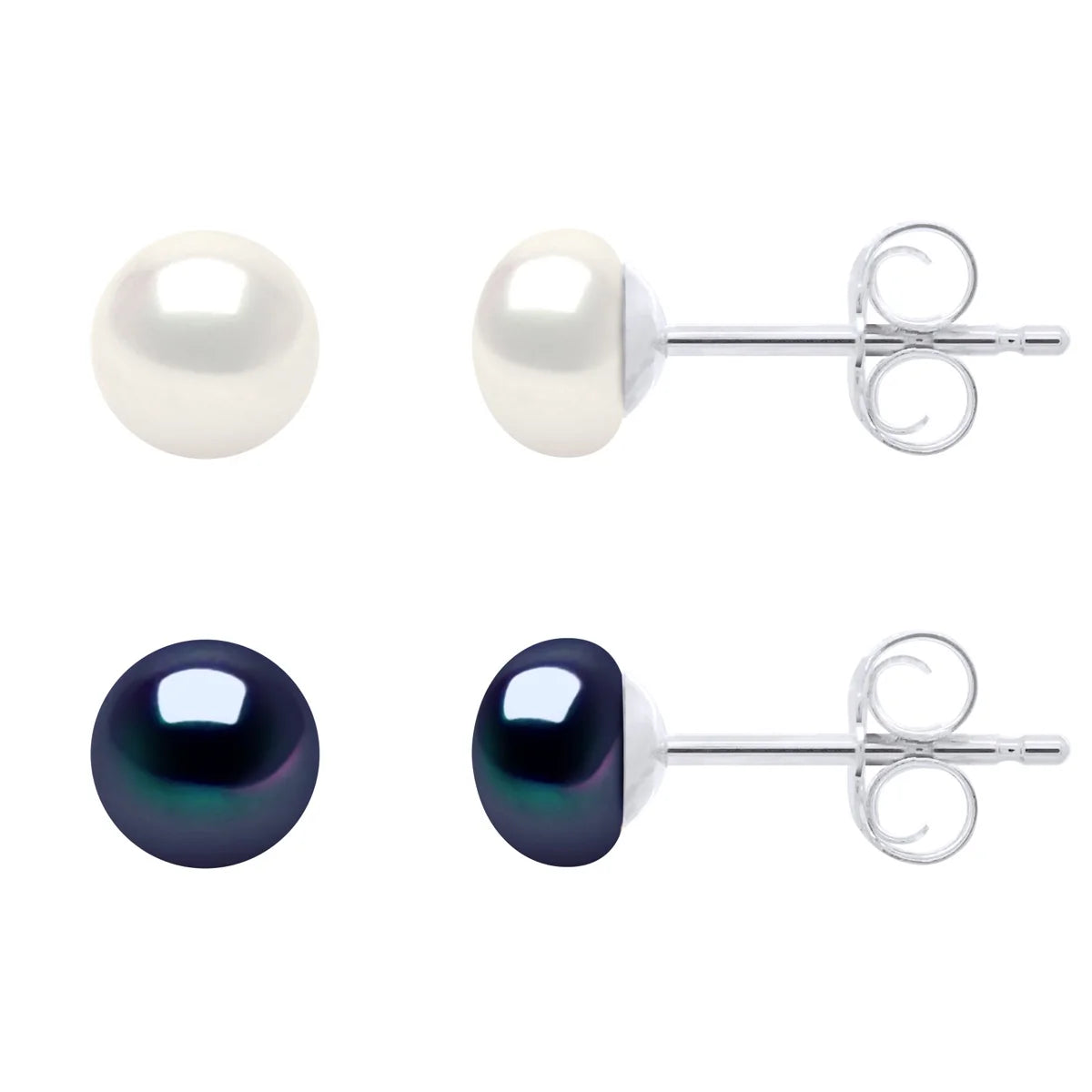 2 Pair Earring Set Freshwater Pearl White & Black 5-6mm