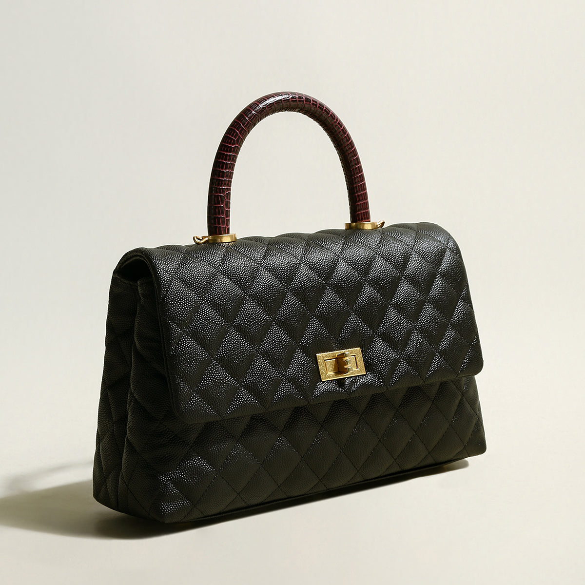 Black Quilted Caviar Leather Top Handle Bag - Black