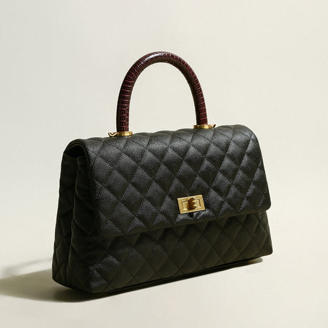 Black Quilted Caviar Leather Top Handle Bag - Black