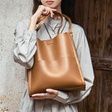 Nalandu Minimal Soft Leather Commuter Tote Bag - Brown