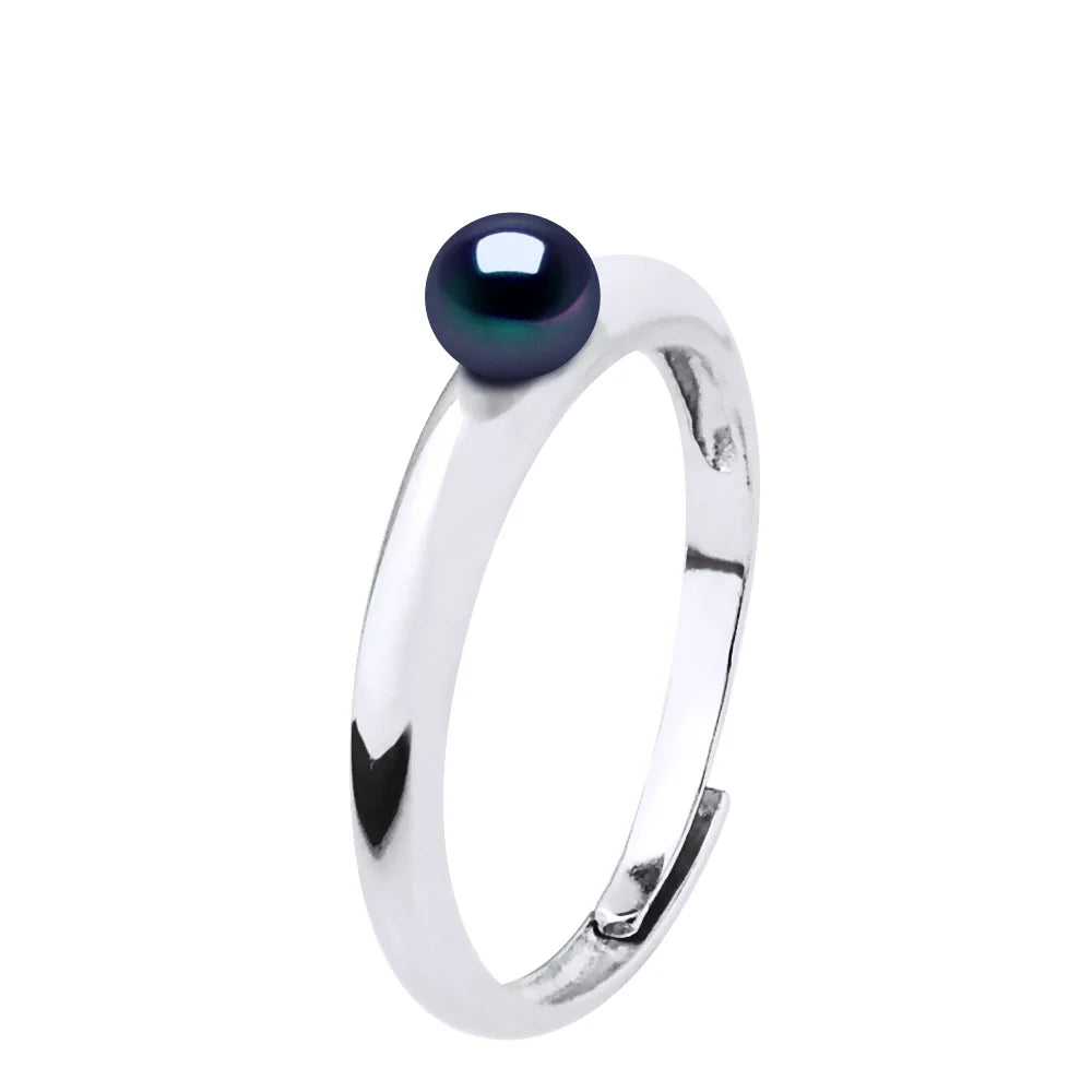 Ring Button Freshwater Pearl Black Sterling Silver 4-5mm