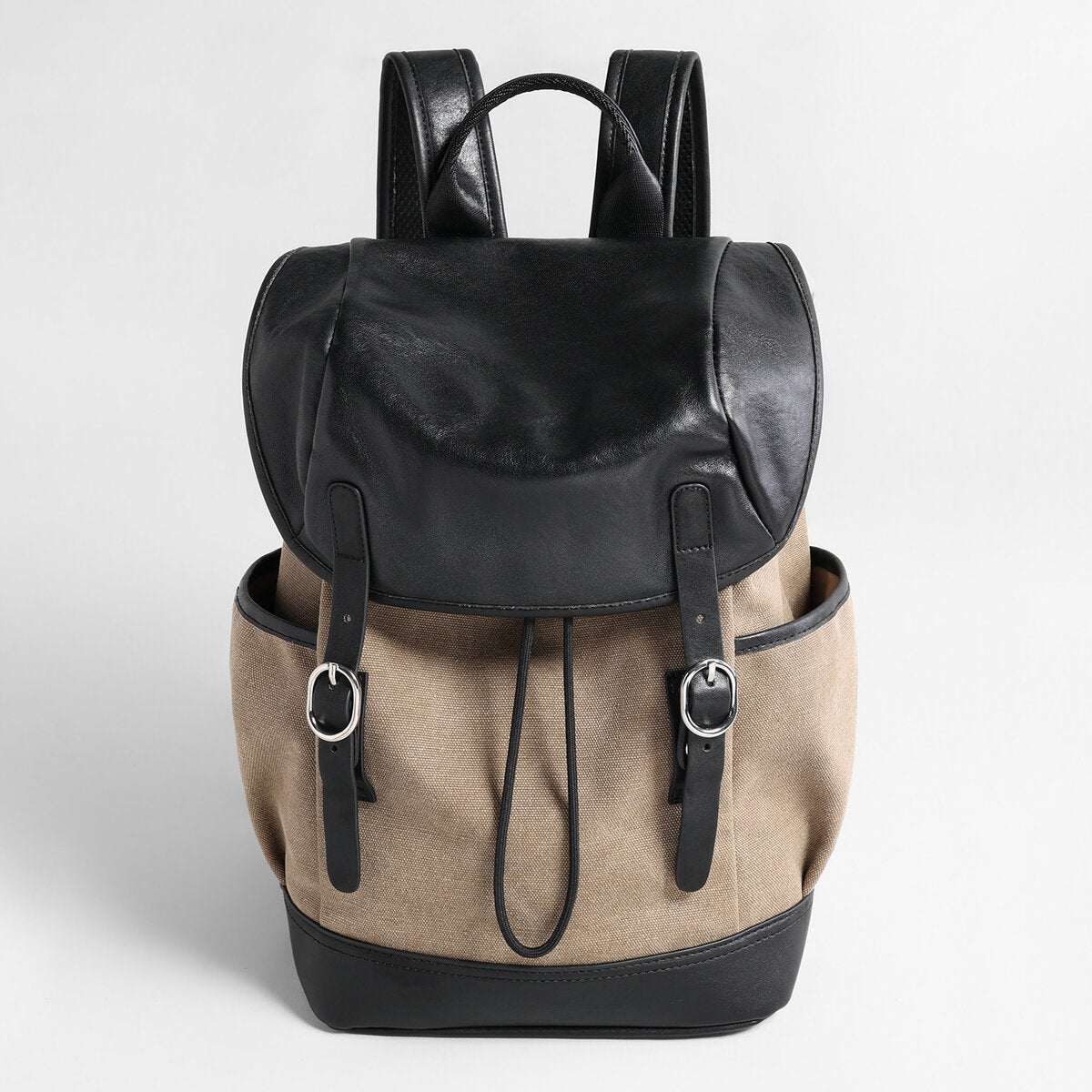Canvas & Leather Drawstring Backpack - Khaki