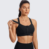 Zip Front Large Padded High Impact Sports Bra - Black