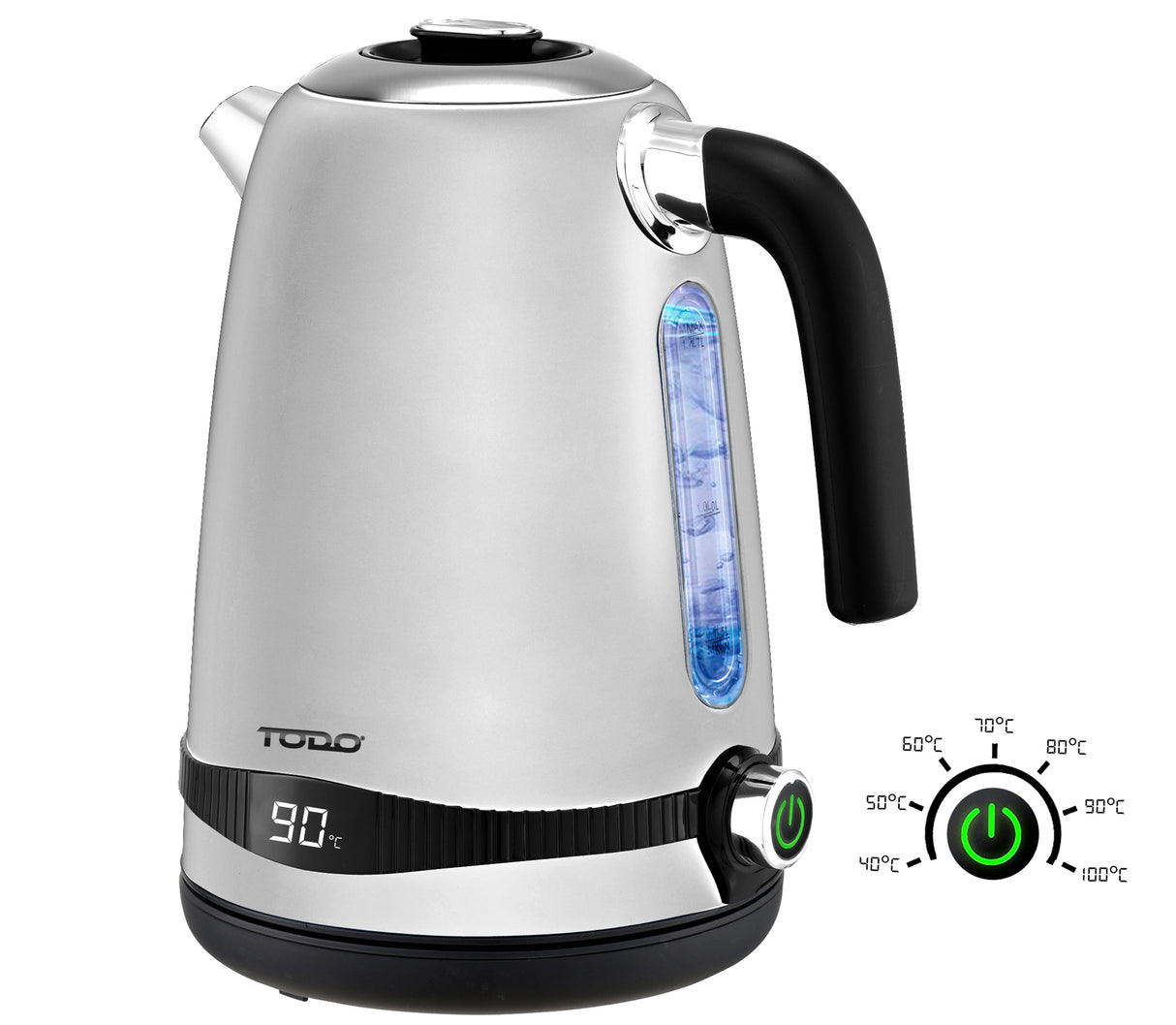 TODO 1.7L Stainless Steel Cordless Kettle Keep Warm Electric Led Water Jug - Silver