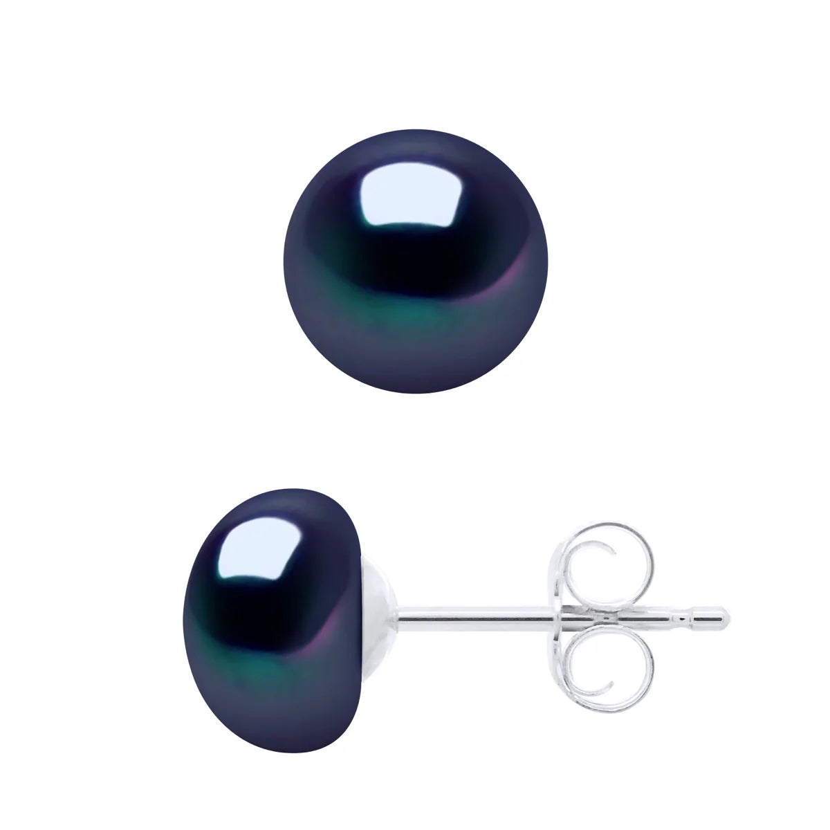 Earrings Button Freshwater Pearl Black Sterling Silver 7-8mm