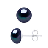 Earrings Button Freshwater Pearl Black Sterling Silver 7-8mm