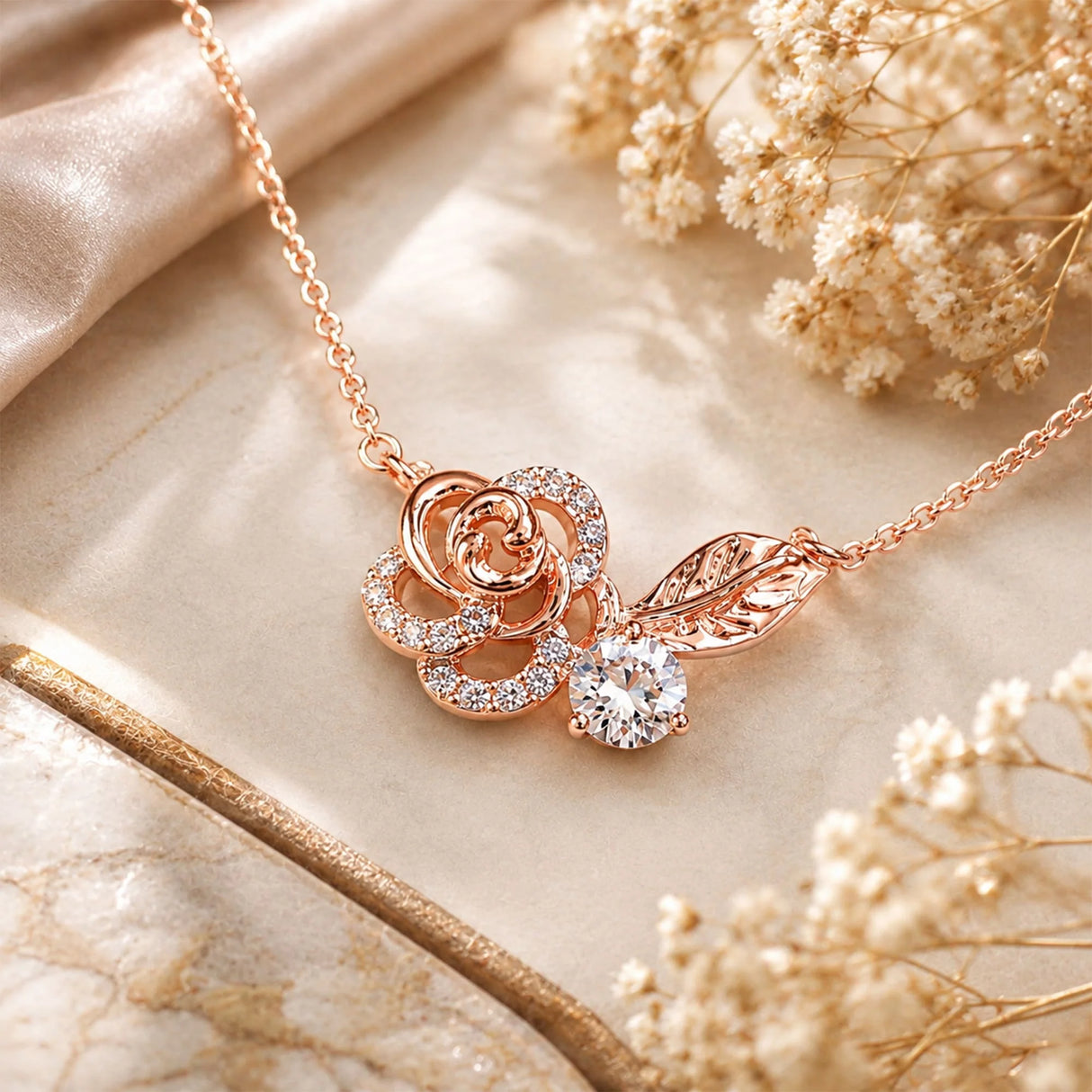 Krystal Couture Rose Petal Pendant Necklace in Rose Gold Embellished with SWAROVSKI Crystals