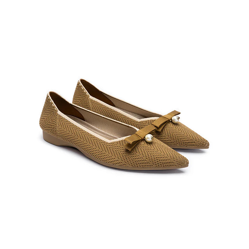 Sarah Casual Pearl Bow Commuter Flats - Tan