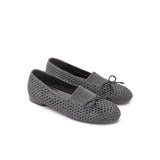 Bow Hollow Mesh Knit Round Toe Low Heel Flats - Charcoal